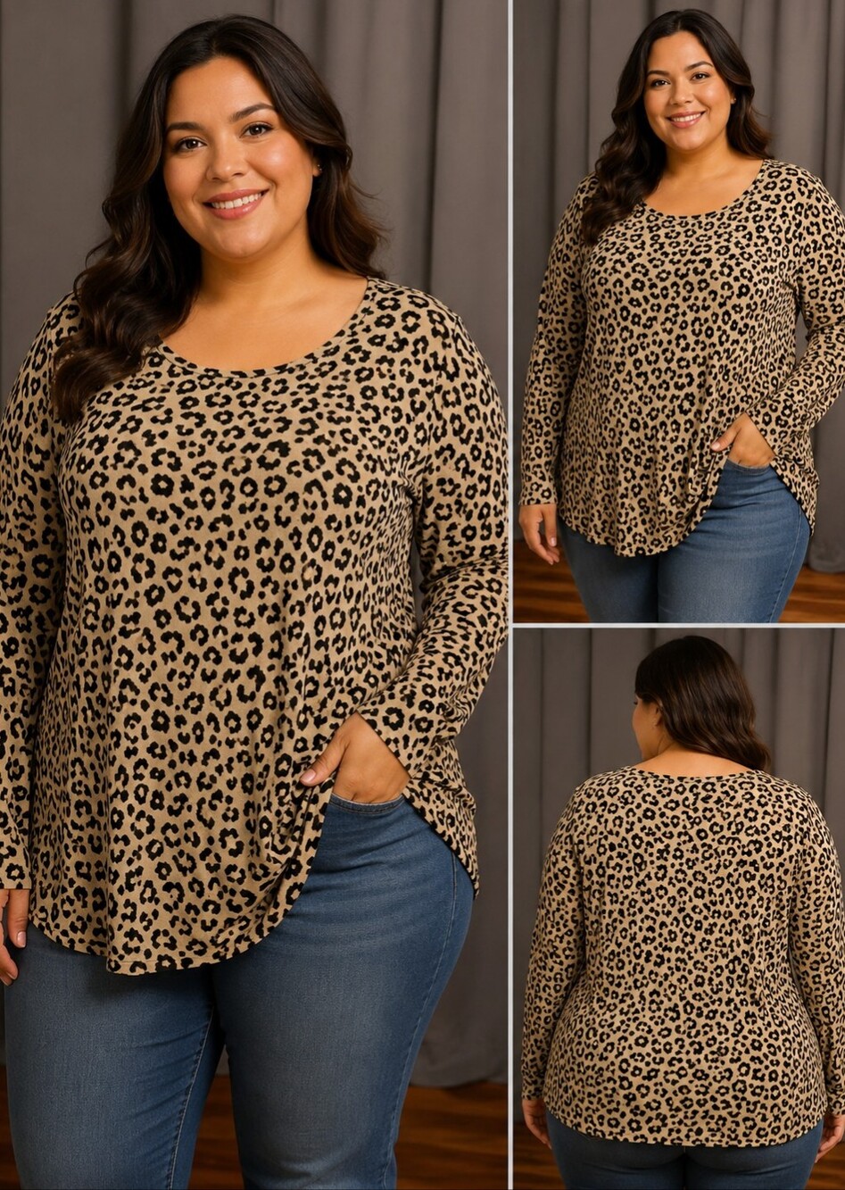 🍈 Bobeau Tan And Black Long Sleeve Leopard Print Size Large Mob Wife